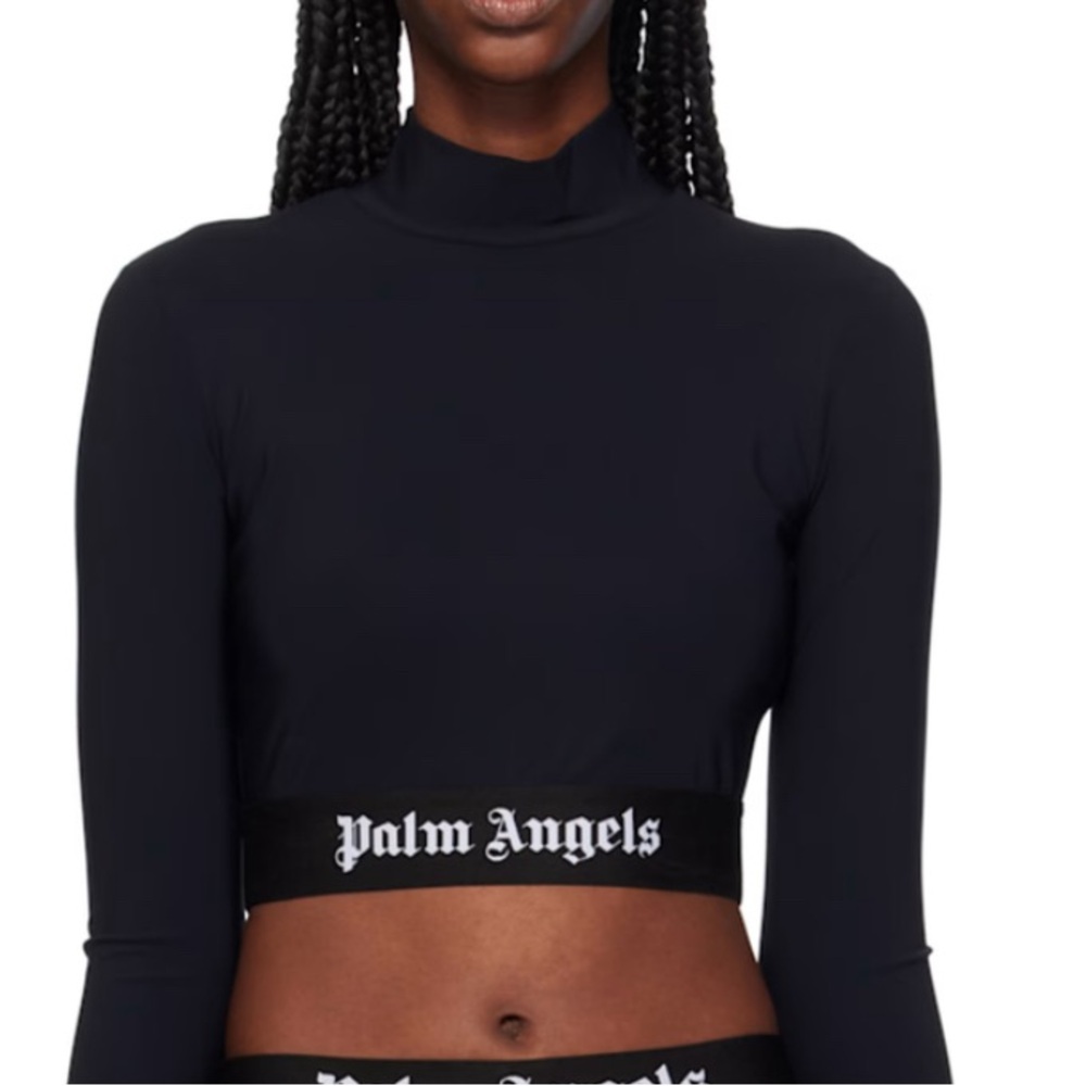 Palm Angels Black High Neck Long Sleeve Crop Top